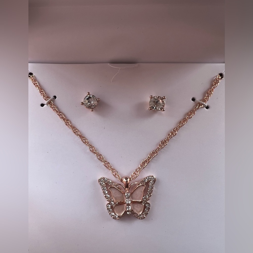 NWB Rose Gold-Tone Pink Crystal Butterfly Pendant Necklace & Stud Earrings Set